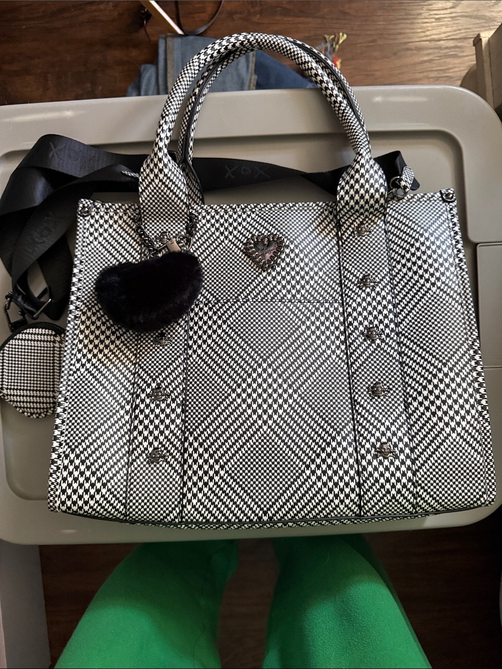 Betsey Johnson Black and White Plaid Tote with Heart Charm